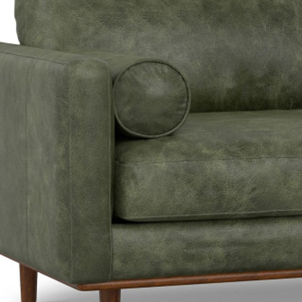 89" Moss Green Leather Sofa With Toss Pillows