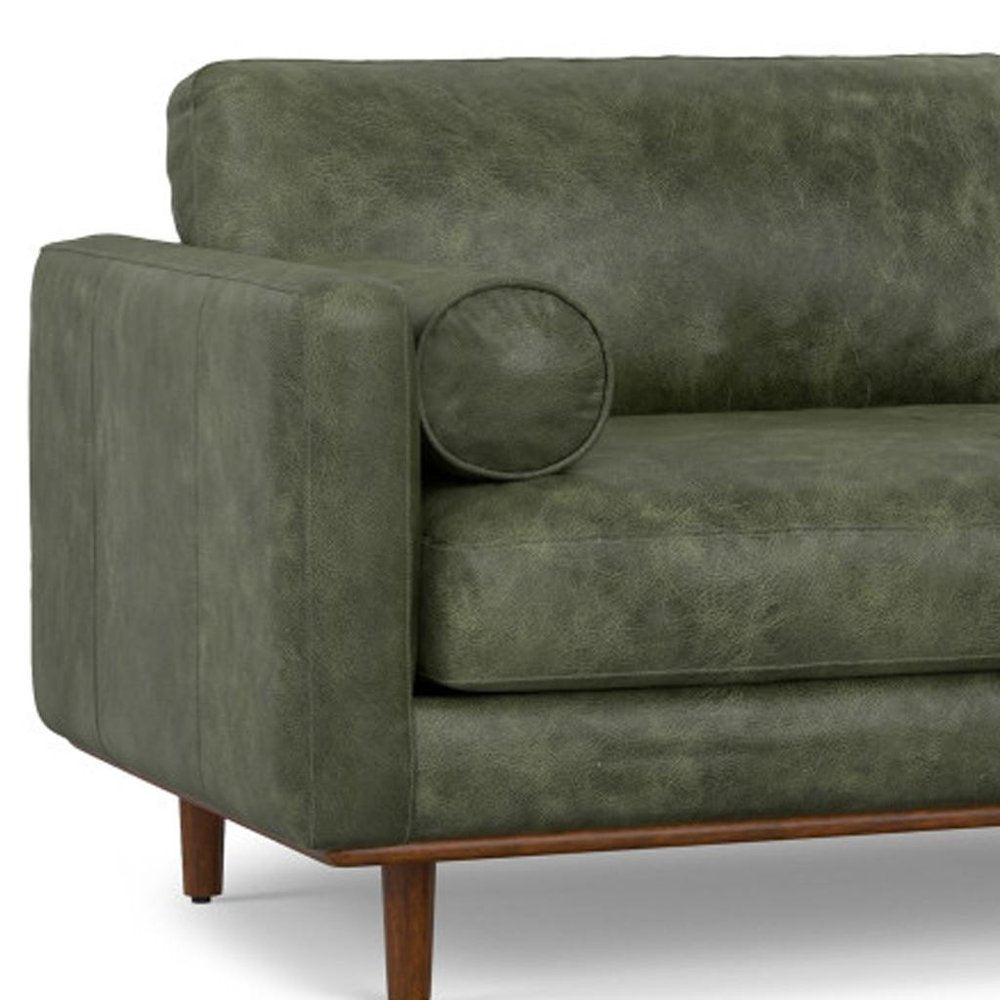 89" Moss Green Leather Sofa With Toss Pillows