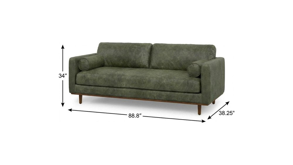 89" Moss Green Leather Sofa With Toss Pillows