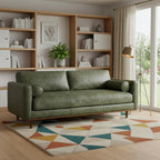 89" Moss Green Leather Sofa With Toss Pillows