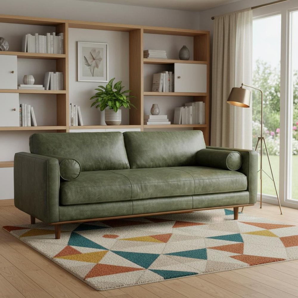 89" Moss Green Leather Sofa With Toss Pillows