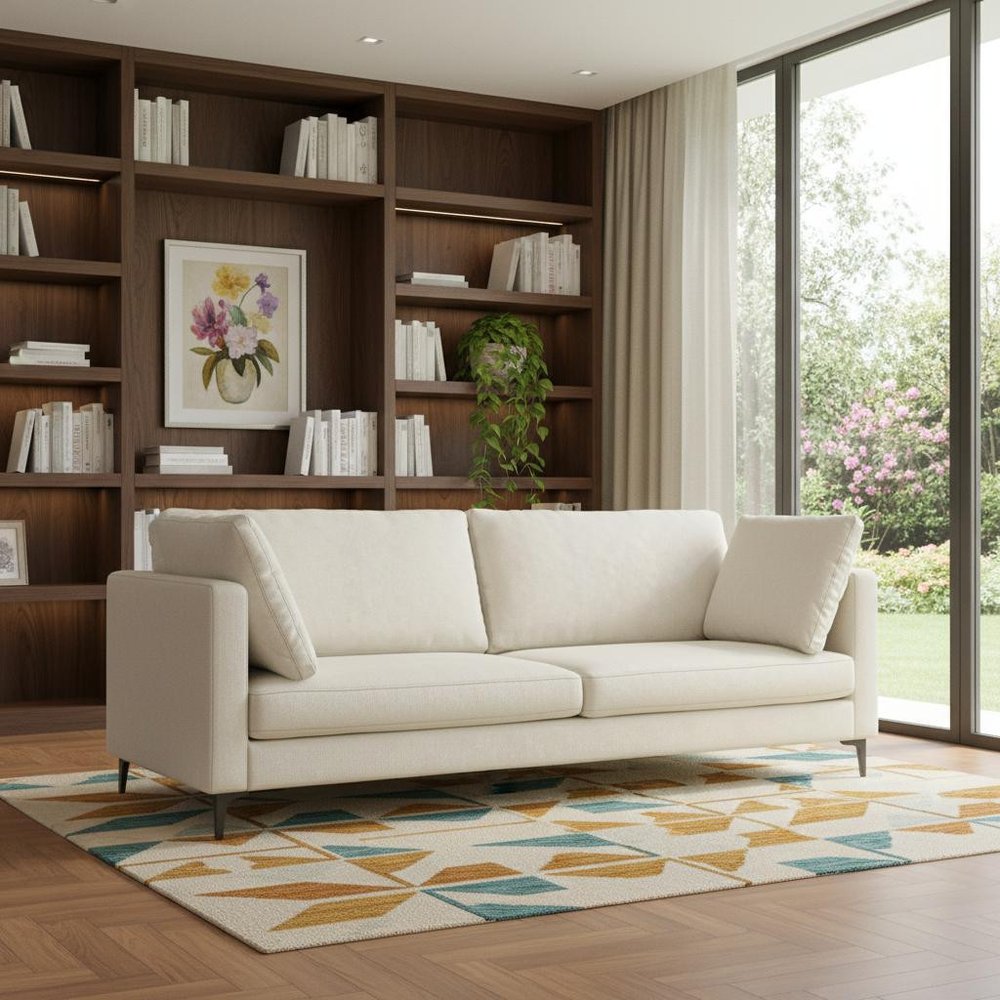 90" Cream Upholstered Sofa With Toss Pillows