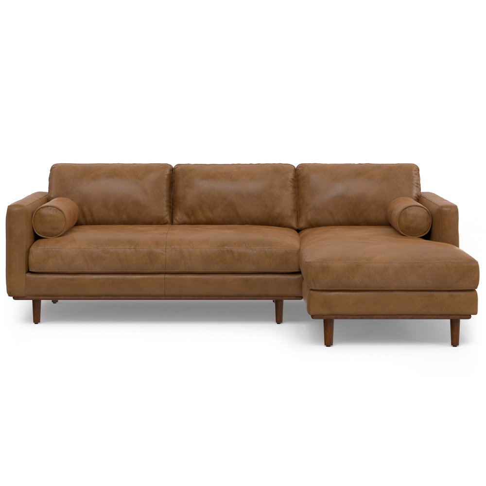 102" Brown Leather Right Chaise Style Sofa With Toss Pillows