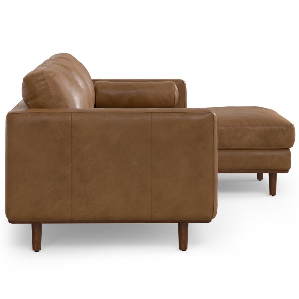 102" Brown Leather Right Chaise Style Sofa With Toss Pillows