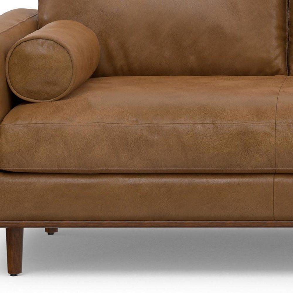 102" Brown Leather Right Chaise Style Sofa With Toss Pillows