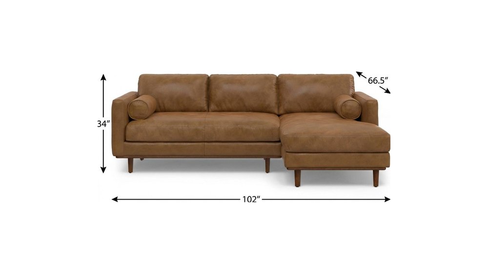 102" Brown Leather Right Chaise Style Sofa With Toss Pillows