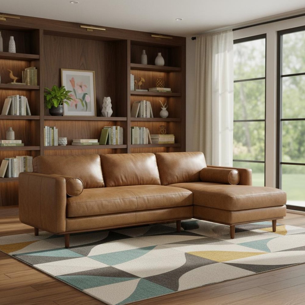 102" Brown Leather Right Chaise Style Sofa With Toss Pillows