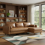 102" Brown Leather Right Chaise Style Sofa With Toss Pillows