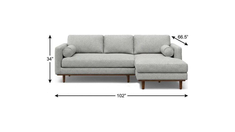 102" Gray Upholstered Right Chaise Style Sofa With Toss Pillows