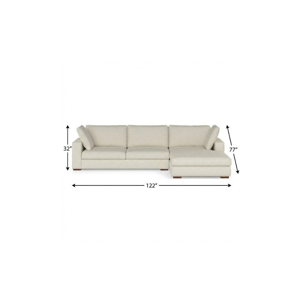 122" Cream Upholstered Right Chaise Style Sofa With Toss Pillows