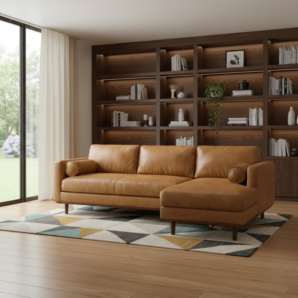 102" Sienna Leather Right Sofa With Toss Pillows