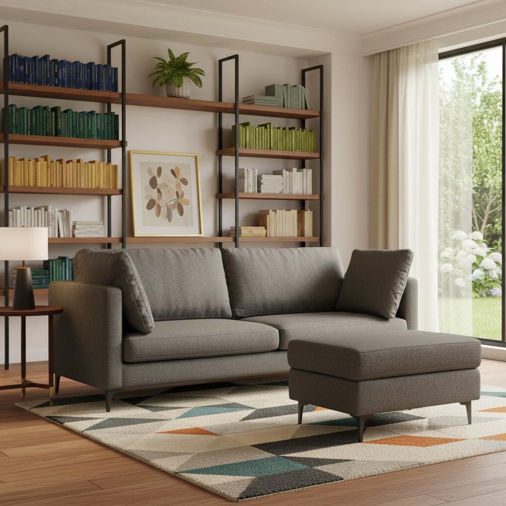 90" Gray Upholstered Sofa With Ottoman And Toss Pillows