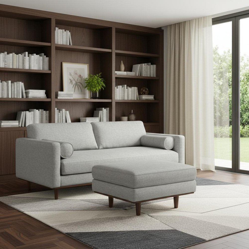 89" Gray Upholstered Sofa With Ottoman And Toss Pillows
