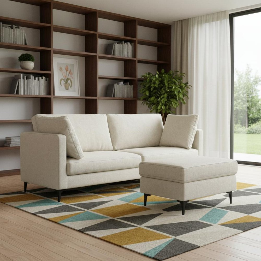 90" Cream Upholstered Sofa With Ottoman And Toss Pillows