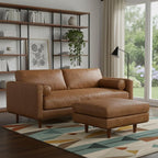 89" Brown Leather Sofa With Ottoman And Toss Pillows