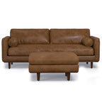 89" Brown Leather Sofa With Ottoman And Toss Pillows