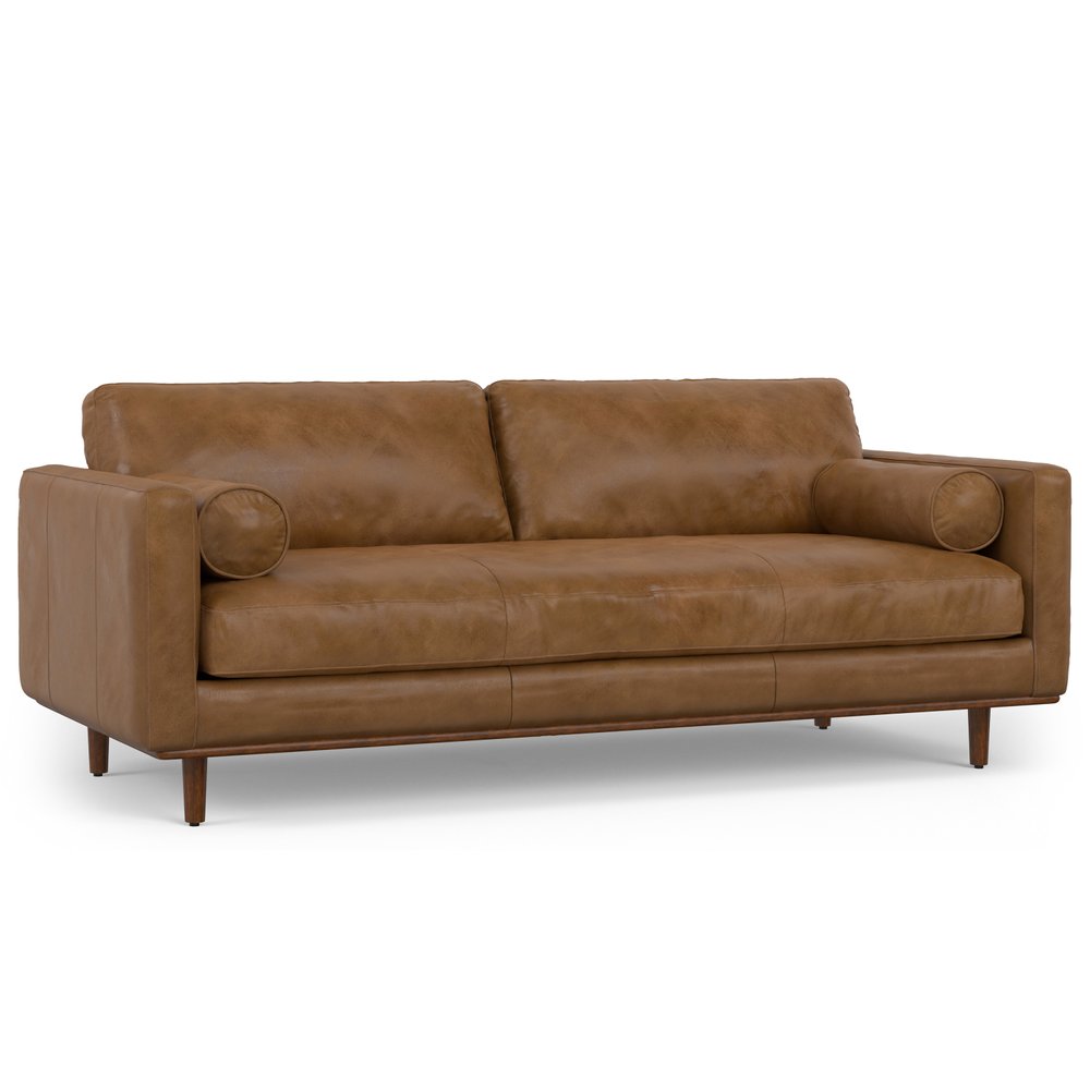 89" Brown Leather Sofa With Ottoman And Toss Pillows