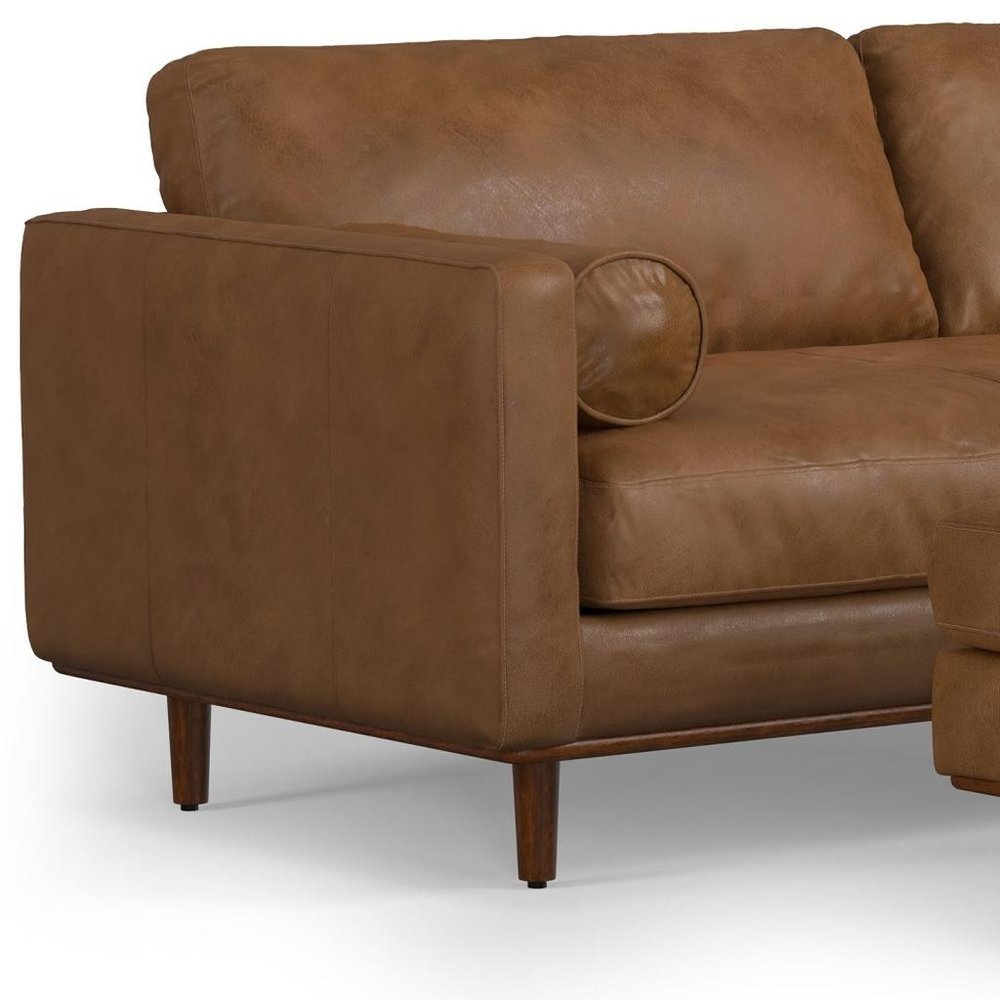 89" Brown Leather Sofa With Ottoman And Toss Pillows