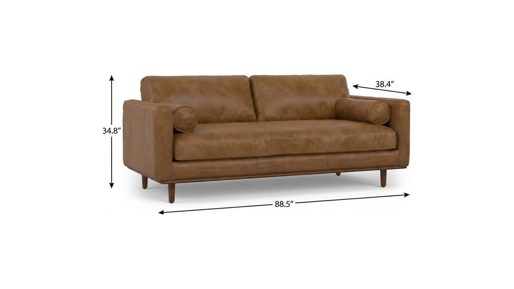 89" Brown Leather Sofa With Ottoman And Toss Pillows