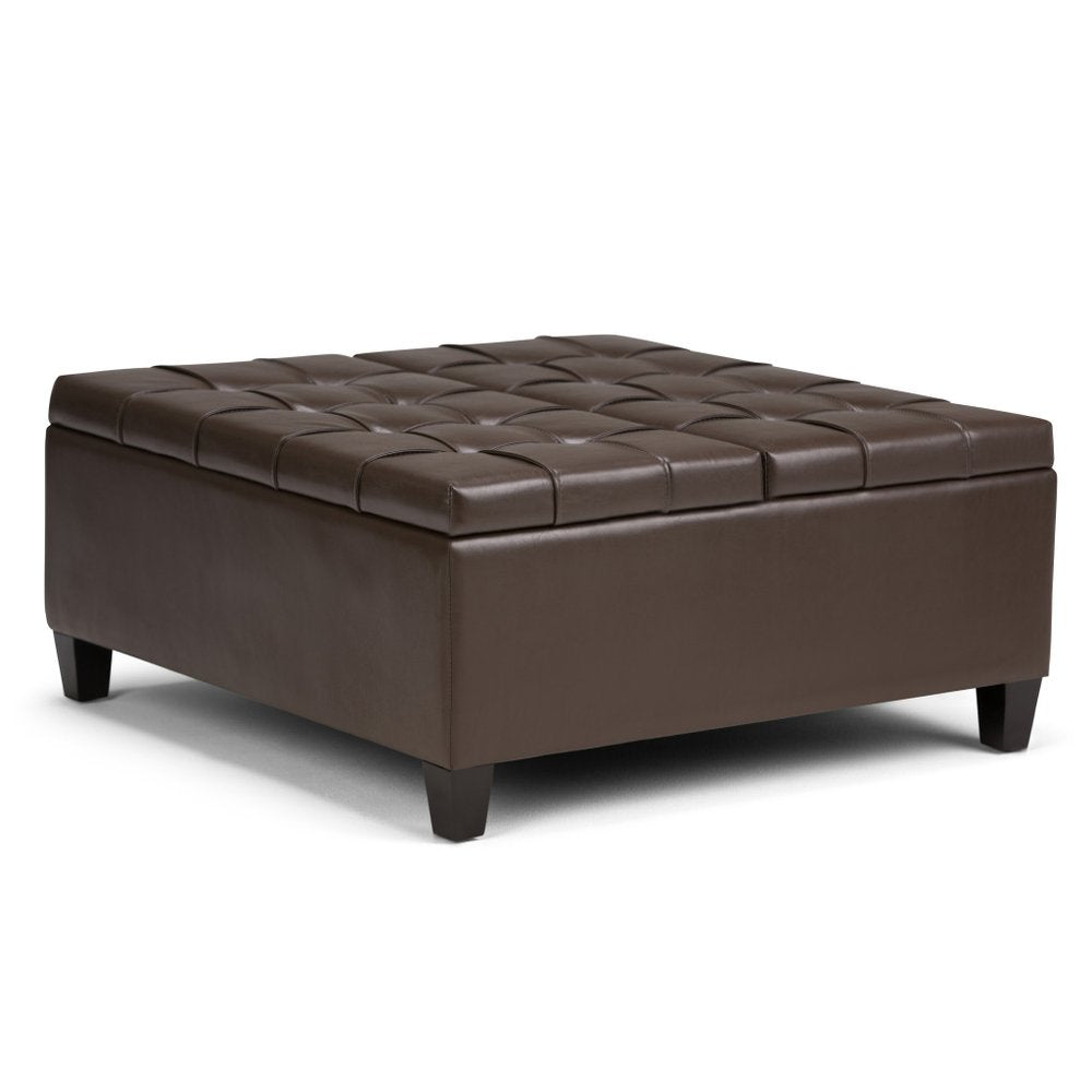 36" Chocolate And Espresso Faux Leather Tufted Ottoman With Storage