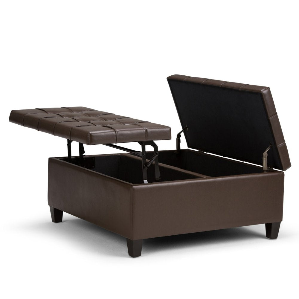 36" Chocolate And Espresso Faux Leather Tufted Ottoman With Storage