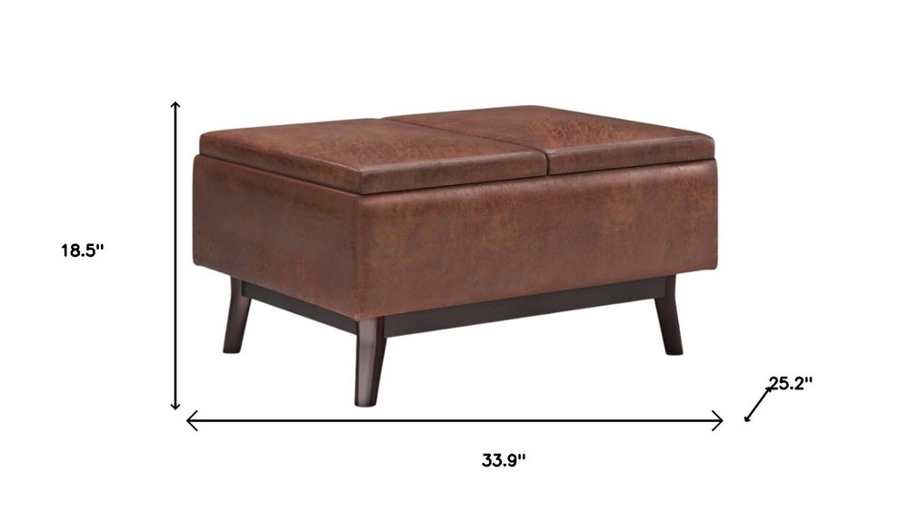 34" Black And Dark Brown Faux Leather Ottoman With Storage