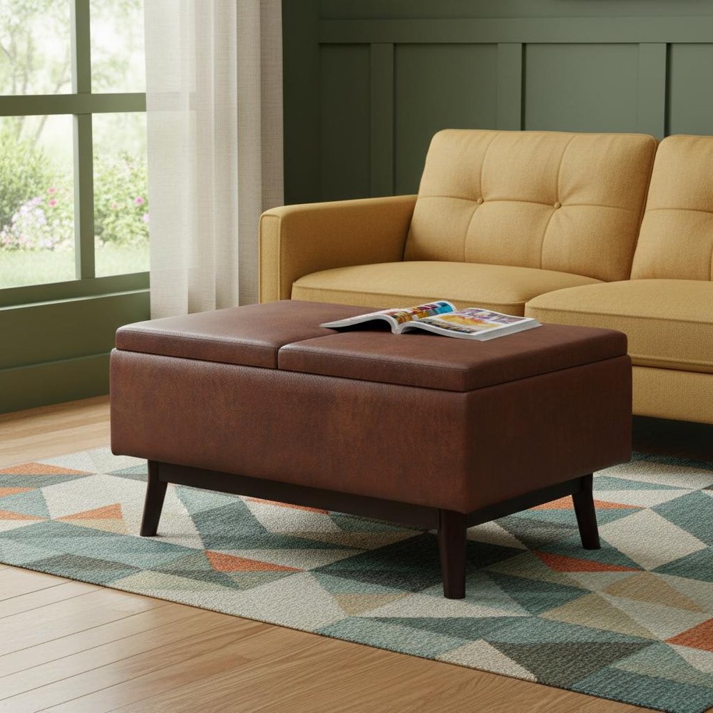 34" Black And Dark Brown Faux Leather Ottoman With Storage
