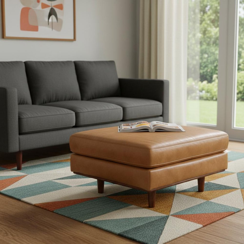 33" Brown Genuine Leather Cocktail Ottoman