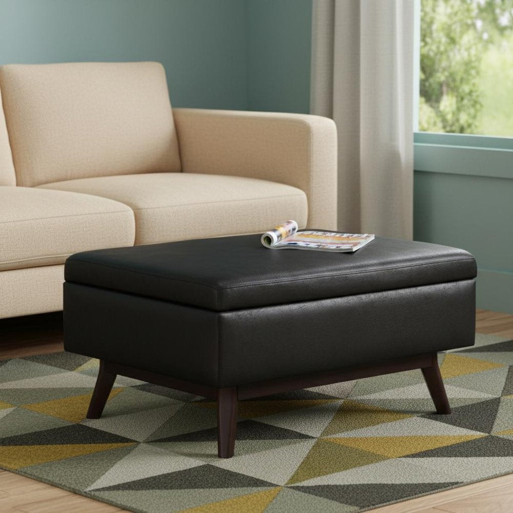 34" Chestnut And Brown Faux Leather Ottoman With Storage