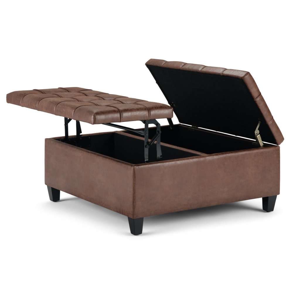 36" Chocolate And Espresso Faux Leather Tufted Ottoman With Storage
