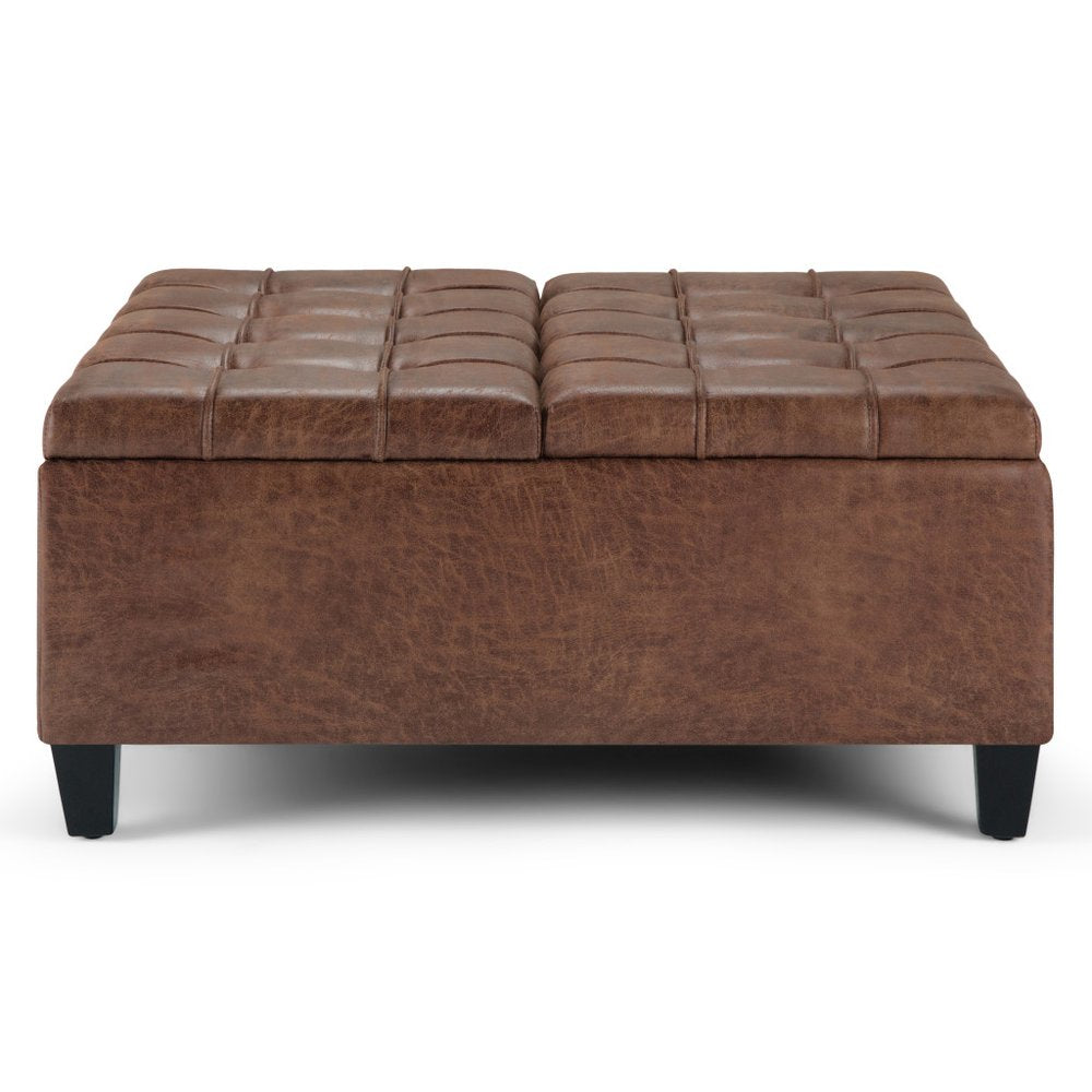 36" Chocolate And Espresso Faux Leather Tufted Ottoman With Storage