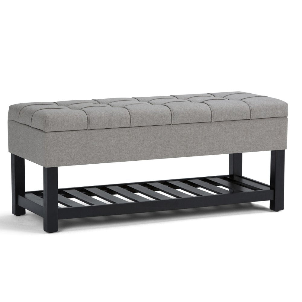 43" Gray And Espresso Tufted Faux Linen And Solid Wood Upholstered Storage Bench With Flip Top And Shelves