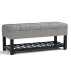43" Gray and Espresso Tufted Faux Linen and Solid Wood Upholstered Storage Bench With Flip Top And Shelves