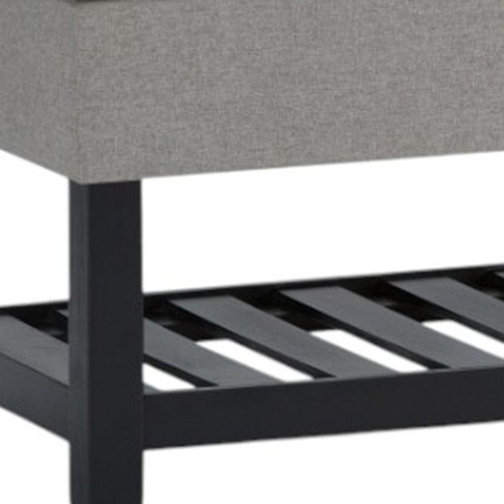 43" Gray and Espresso Tufted Faux Linen and Solid Wood Upholstered Storage Bench With Flip Top And Shelves