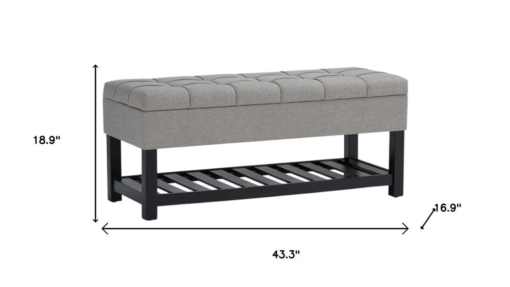 43" Gray and Espresso Tufted Faux Linen and Solid Wood Upholstered Storage Bench With Flip Top And Shelves
