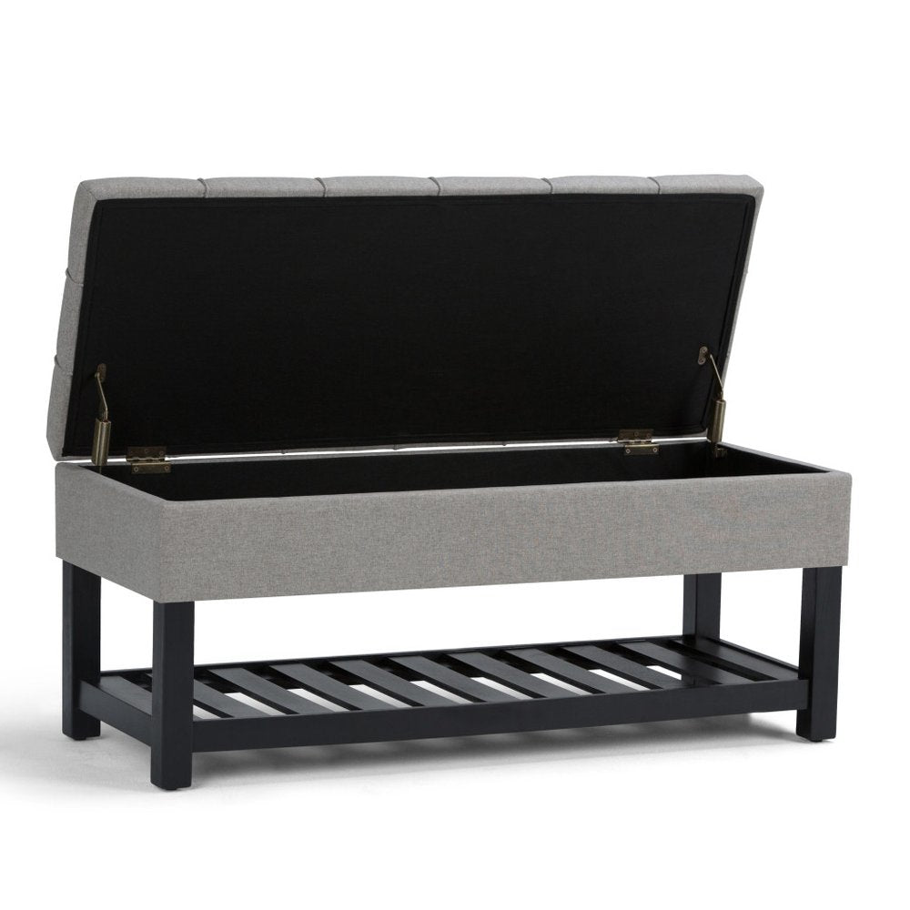 43" Gray And Espresso Tufted Faux Linen And Solid Wood Upholstered Storage Bench With Flip Top And Shelves