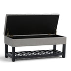 43" Gray and Espresso Tufted Faux Linen and Solid Wood Upholstered Storage Bench With Flip Top And Shelves