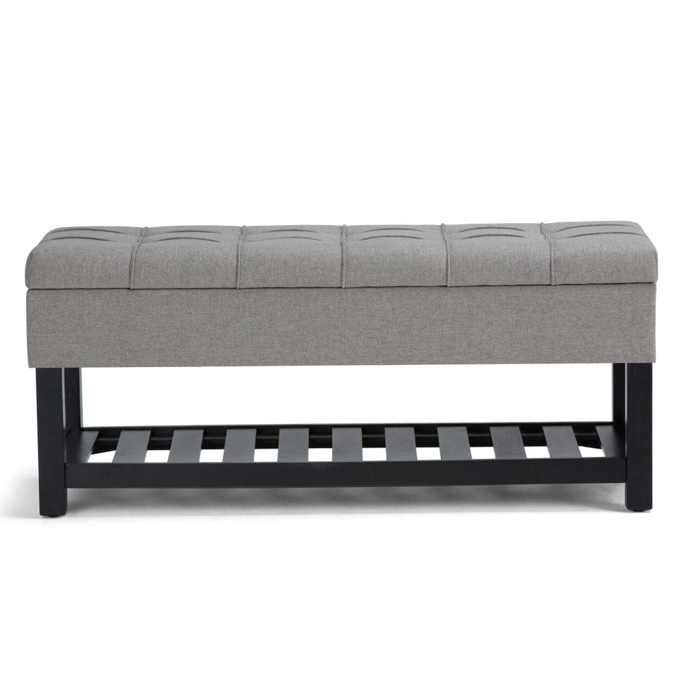 43" Gray and Espresso Tufted Faux Linen and Solid Wood Upholstered Storage Bench With Flip Top And Shelves