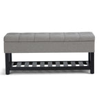 43" Gray and Espresso Tufted Faux Linen and Solid Wood Upholstered Storage Bench With Flip Top And Shelves
