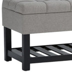 43" Gray and Espresso Tufted Faux Linen and Solid Wood Upholstered Storage Bench With Flip Top And Shelves