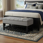 43" Gray and Espresso Tufted Faux Linen and Solid Wood Upholstered Storage Bench With Flip Top And Shelves