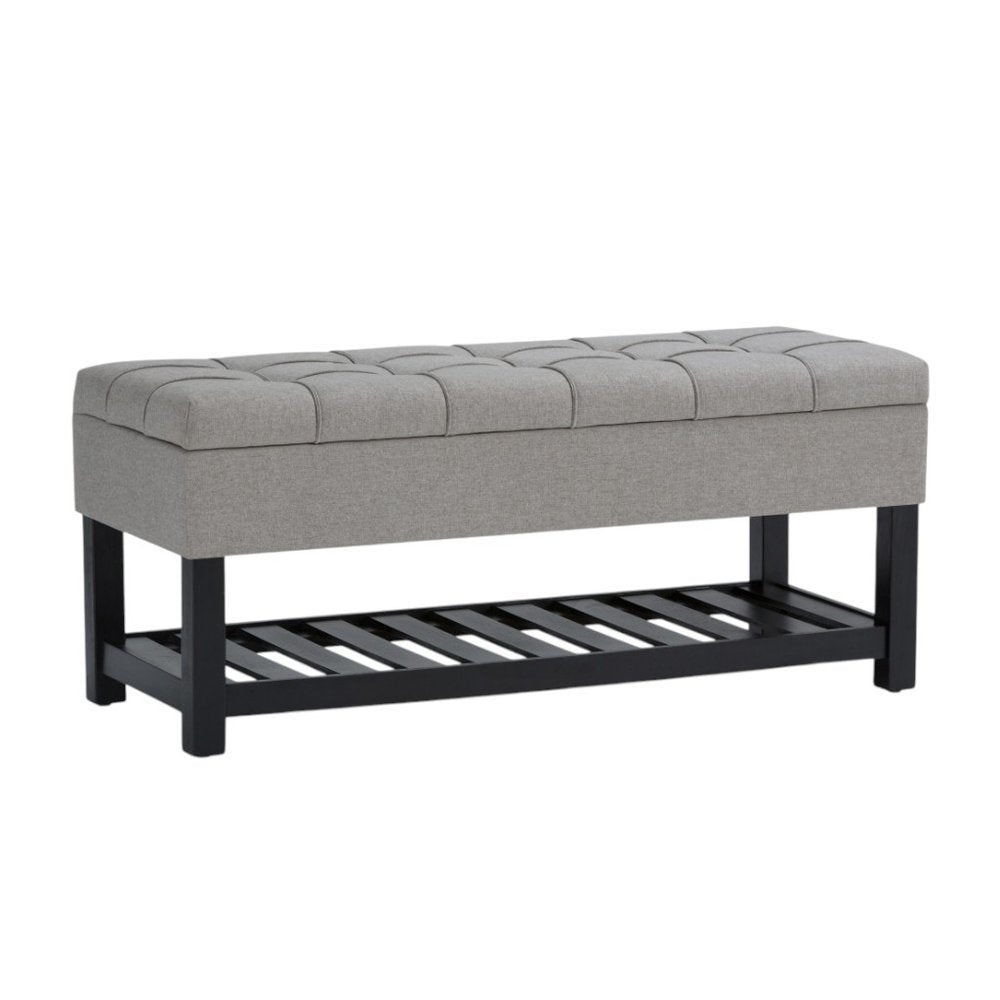 43" Gray and Espresso Tufted Faux Linen and Solid Wood Upholstered Storage Bench With Flip Top And Shelves