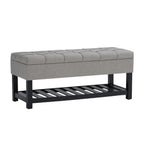 43" Gray and Espresso Tufted Faux Linen and Solid Wood Upholstered Storage Bench With Flip Top And Shelves
