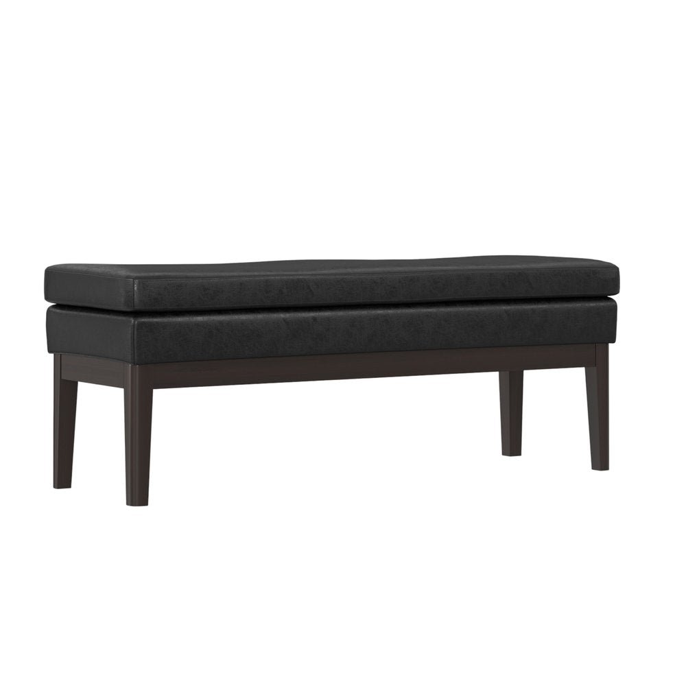 45" Black and Walnut Faux Leather and Solid Wood Upholstered Distressed Bench