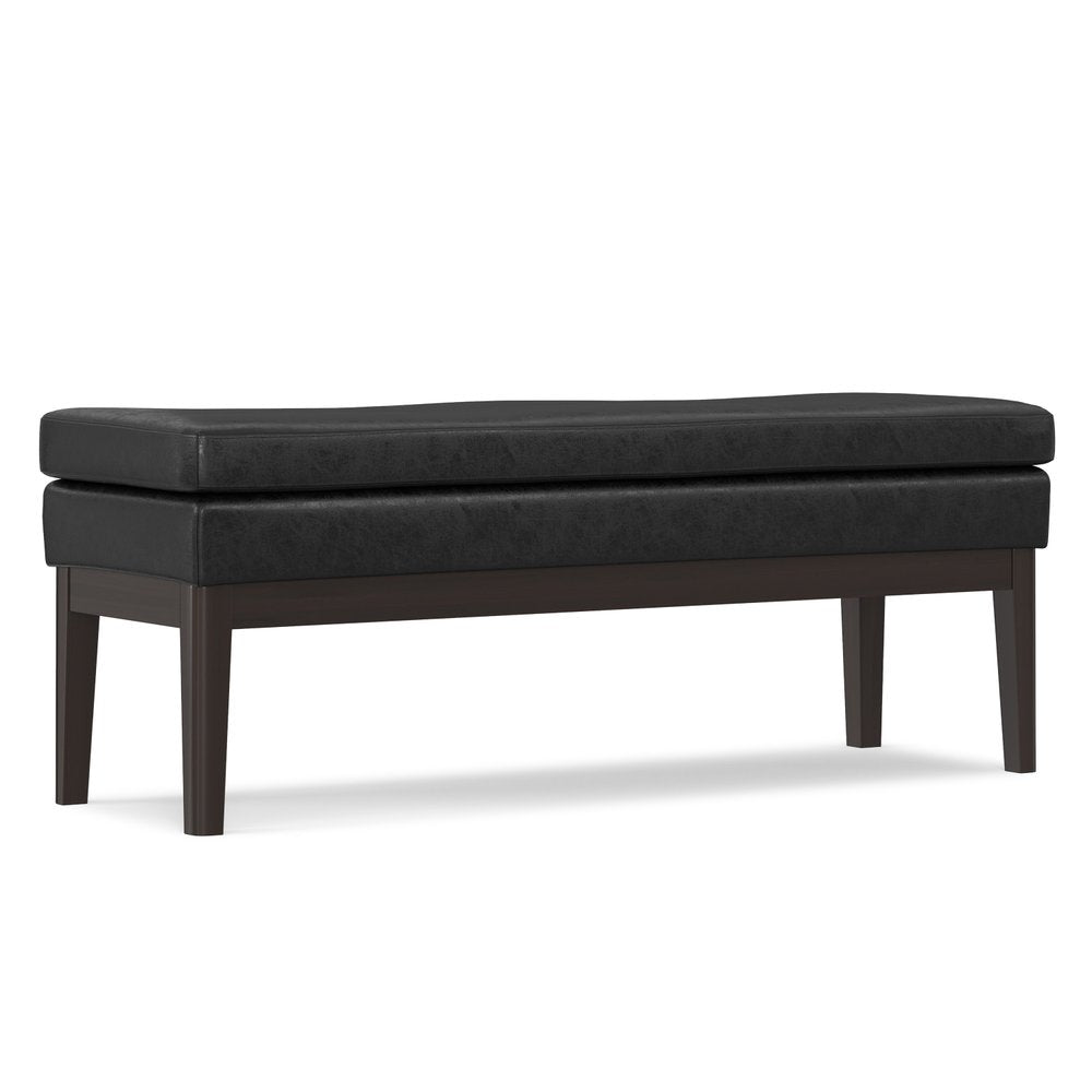 45" Black and Walnut Faux Leather and Solid Wood Upholstered Distressed Bench