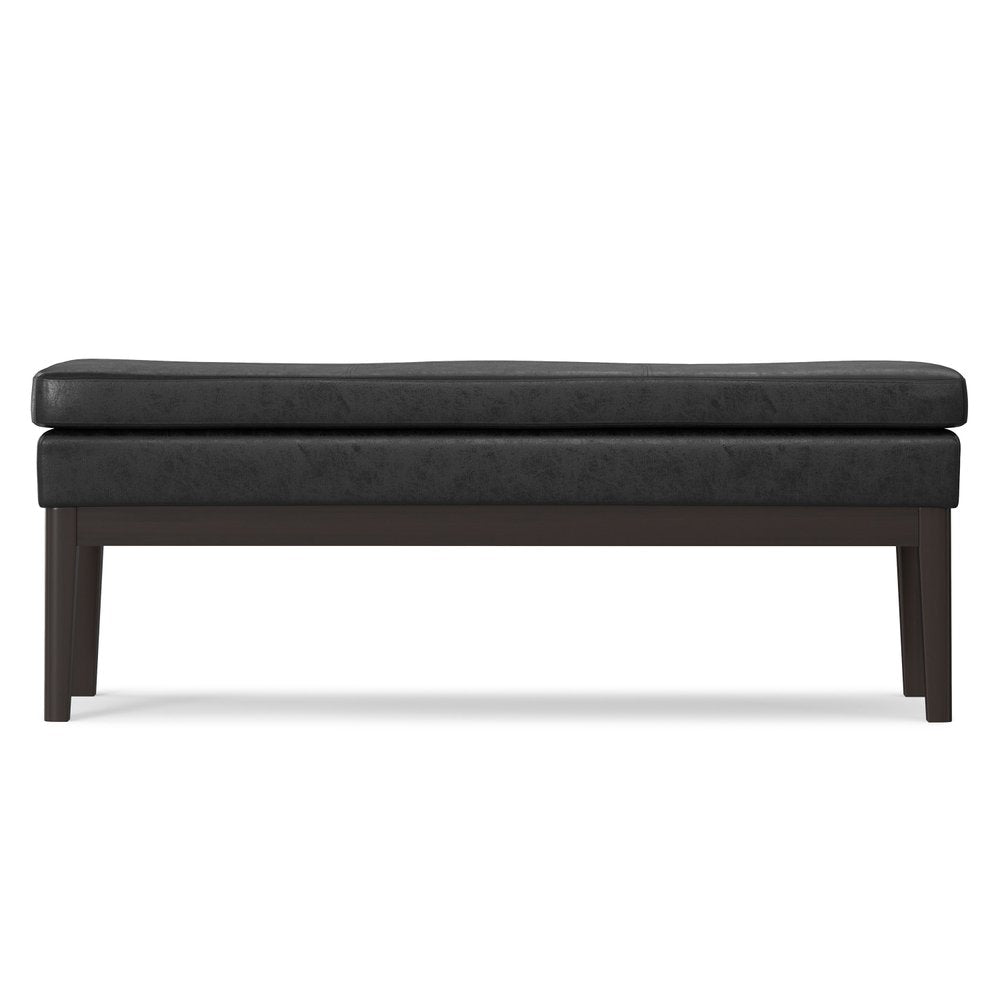 45" Black And Walnut Faux Leather And Solid Wood Upholstered Distressed Bench