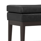 45" Black and Walnut Faux Leather and Solid Wood Upholstered Distressed Bench