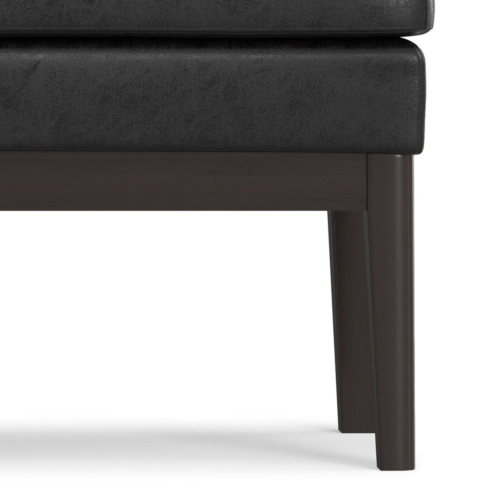 45" Black and Walnut Faux Leather and Solid Wood Upholstered Distressed Bench