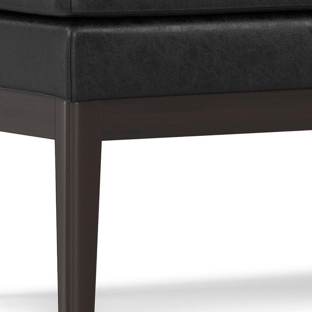 45" Black and Walnut Faux Leather and Solid Wood Upholstered Distressed Bench