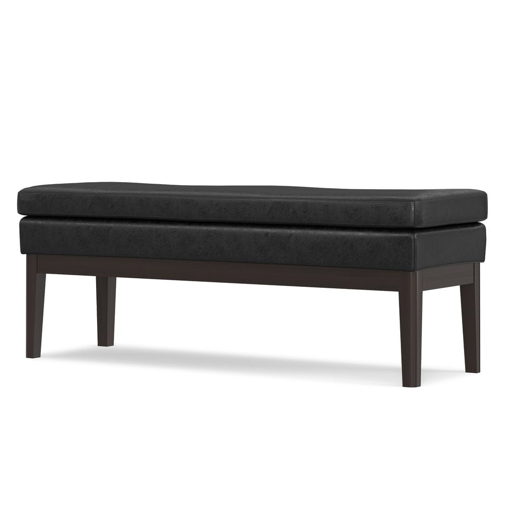 45" Black And Walnut Faux Leather And Solid Wood Upholstered Distressed Bench